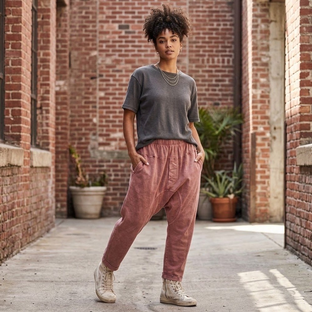 Free People Movement Ribbed Corduroy Drop Crotch Jogger Pants Mauve Pink Large